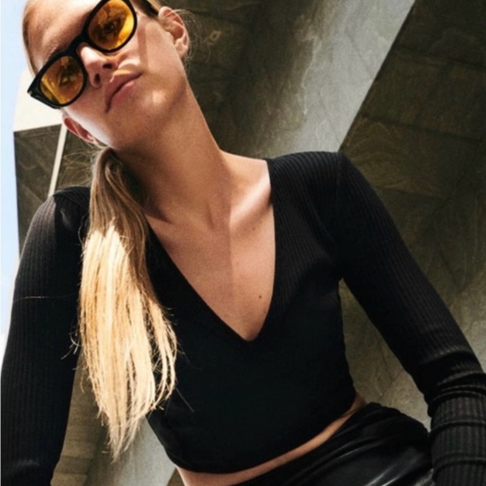 Zara Black Ribbed Combination Corset Long Sleeve Crop Top